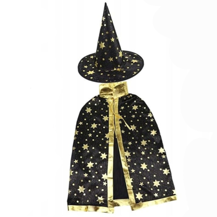 Costum de vrajitor/vrajitoare carnaval Halloween, Zola, pelerina si palarie, marimea 115-125 cm Costum de vrajitor/vrajitoare carnaval Halloween, Zola, pelerina si palarie, marimea 115-125 cm